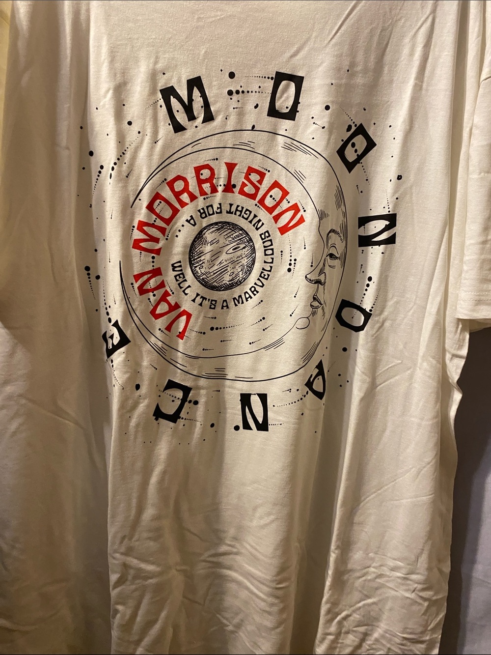 Van Morrison White Graphic Short-Sleeve Tee with Red Accent moon dance